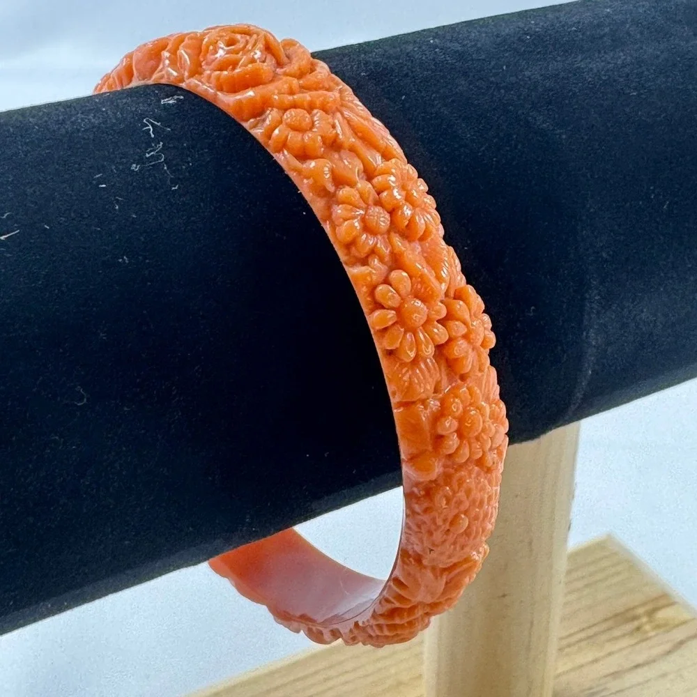 Vintage Celluloid Carved Floral Coral Orange Bangle Bracelet '20s-40s 7.75